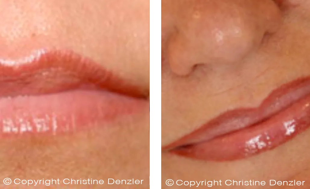 Zwei Nahaufnahmen von Lippen mit rosigem Farbton und betonter Lippenkontur.